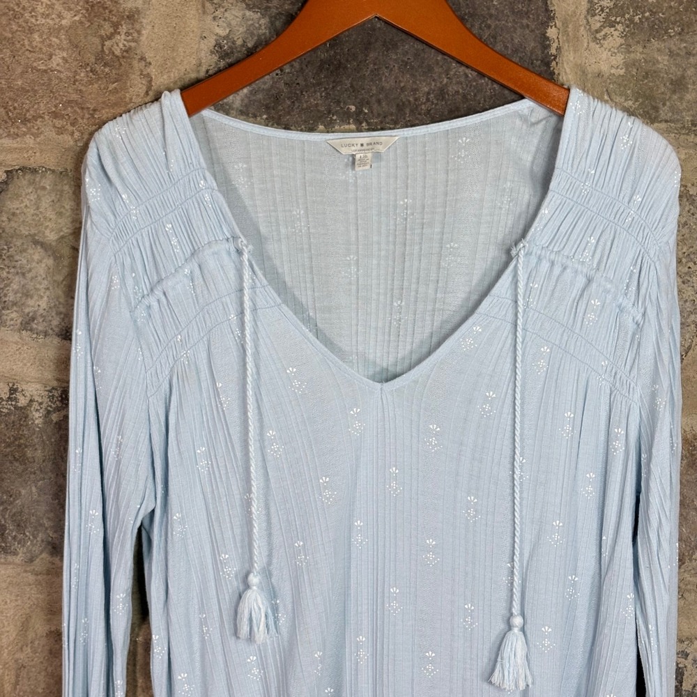 Lucky Brand Women's Blue Embroidered V-Neck Peasant Blouse Tassels Boho Large - Picture 7 of 12